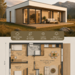 Maison modulaire moderne avec une terrasse spacieuse, entourée de verdure.