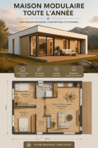 Maison modulaire moderne avec une terrasse spacieuse, entourée de verdure.