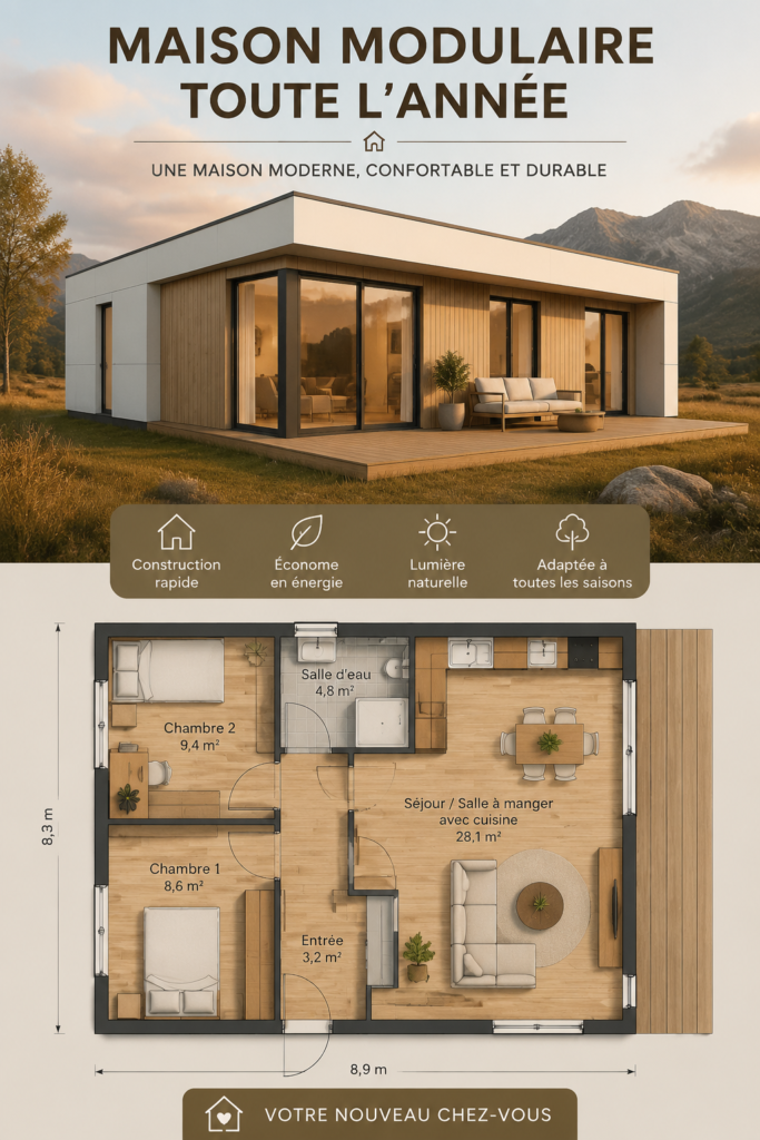 Maison modulaire moderne avec une terrasse spacieuse, entourée de verdure.