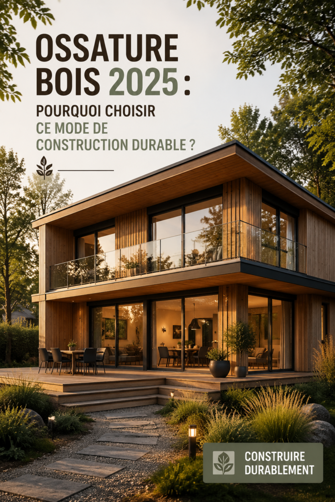 Illustration d'une maison en ossature bois moderne, mettant en avant la durabilité et l'esthétisme.