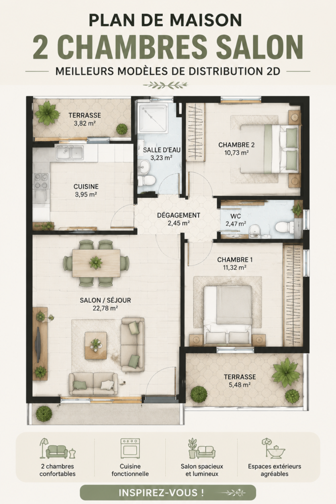 Modèle de plan de maison 2 chambres en 2D