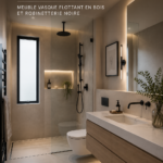 Salle de bain moderne avec meuble en bois flottant et accessoires noirs, ambiance chaleureuse.