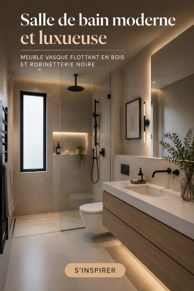 Salle de bain moderne avec meuble en bois flottant et accessoires noirs, ambiance chaleureuse.