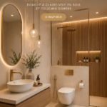 Salle de bain moderne avec douches en bois et accents dorés, offrant une ambiance chaleureuse.