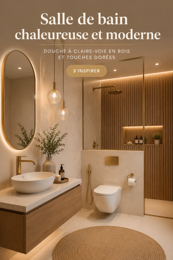 Salle de bain moderne avec douches en bois et accents dorés, offrant une ambiance chaleureuse.