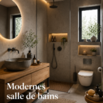 Salle de bain moderne avec douche à l'italienne et éléments en bois