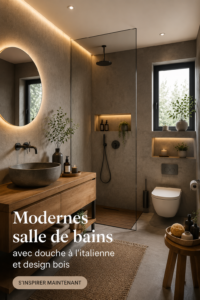 Salle de bain moderne avec douche à l'italienne et éléments en bois