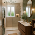 Salle de bain en zellige vert avec accents de noyer, créant une ambiance chaleureuse et moderne.