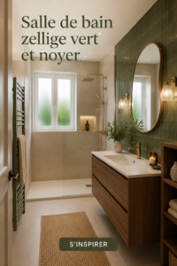 Salle de bain en zellige vert avec accents de noyer, créant une ambiance chaleureuse et moderne.