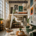 Un loft aménagé en studio artistique lumineux et inspirant, avec des œuvres d'art et des outils créatifs.