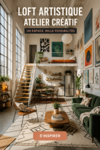 Un loft aménagé en studio artistique lumineux et inspirant, avec des œuvres d'art et des outils créatifs.