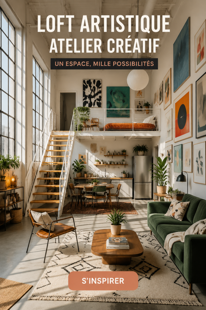 Un loft aménagé en studio artistique lumineux et inspirant, avec des œuvres d'art et des outils créatifs.