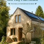 Vue extérieure d'une Tiny House éco-responsable avec un jardin lush.