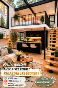 Image d'une tiny house moderne avec un loft et un toit en verre, idéal pour observer les étoiles.