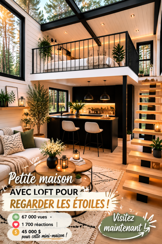 Image d'une tiny house moderne avec un loft et un toit en verre, idéal pour observer les étoiles.