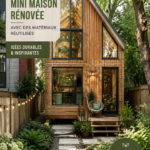 Vue d'une tiny house construite avec des matériaux récupérés, alliant confort et écologie.