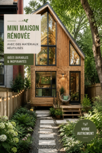 Vue d'une tiny house construite avec des matériaux récupérés, alliant confort et écologie.