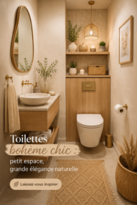 Toilettes décorées dans un style bohème chic avec des éléments naturels