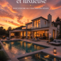 Vue extérieure d'une villa moderne avec piscine au coucher du soleil, mettant en avant son architecture contemporaine.
