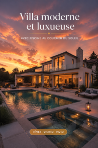 Vue extérieure d'une villa moderne avec piscine au coucher du soleil, mettant en avant son architecture contemporaine.