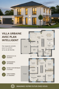 Une villa moderne avec un plan ingénieux, mettant en valeur ses espaces lumineux et ouverts.