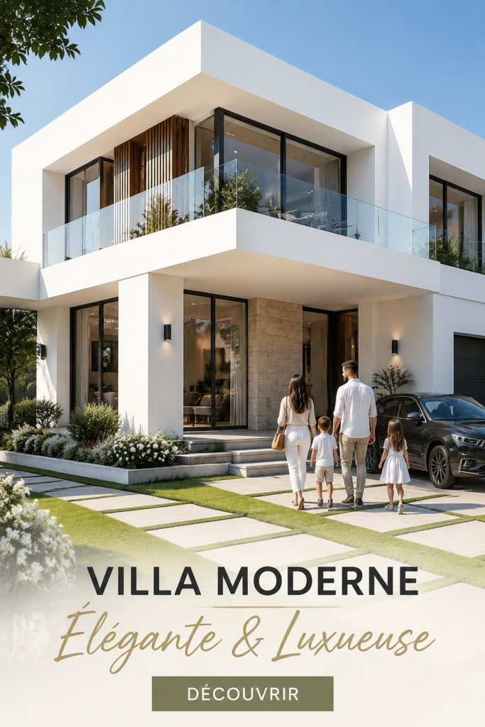 Villa moderne au design épuré avec grandes fenêtres et terrasse en bois, intégrée dans un paysage naturel.
