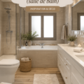Une salle de bain chaleureuse et bien aménagée.