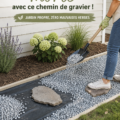 Chemin en gravier dans un jardin avec pelouse entretenue