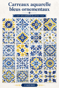 Salle de bain avec des carreaux aquarelle bleus, créant une ambiance élégante et relaxante.