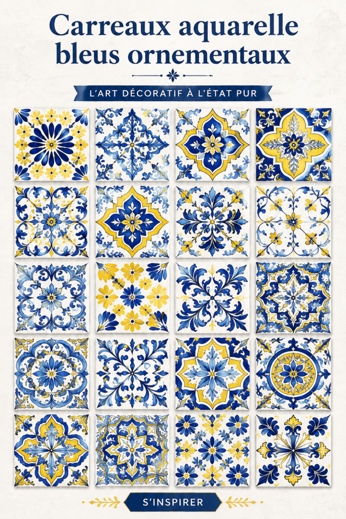 Salle de bain avec des carreaux aquarelle bleus, créant une ambiance élégante et relaxante.