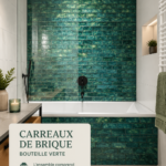 Salle de bain rénovée avec des carreaux de brique au mur, apportant chaleur et charme.