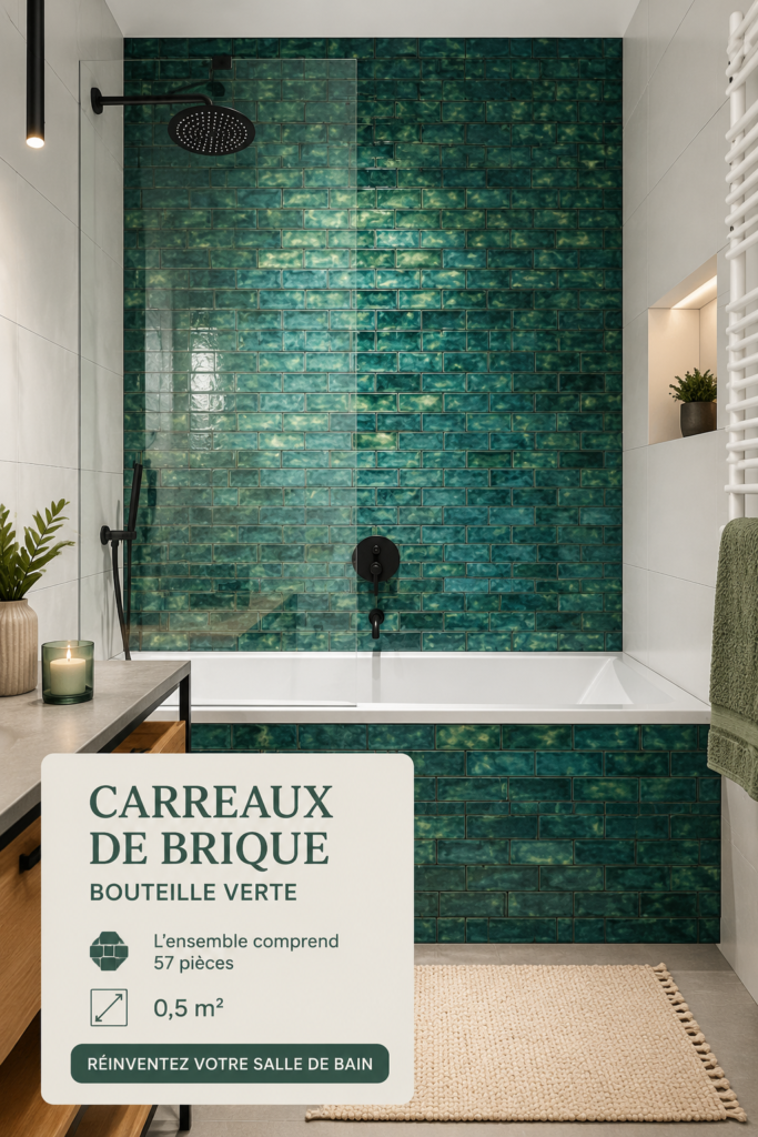 Salle de bain rénovée avec des carreaux de brique au mur, apportant chaleur et charme.