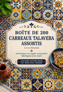 Présentation de carreaux Talavera colorés, type de carrelage idéal pour une salle de bain rénovée.