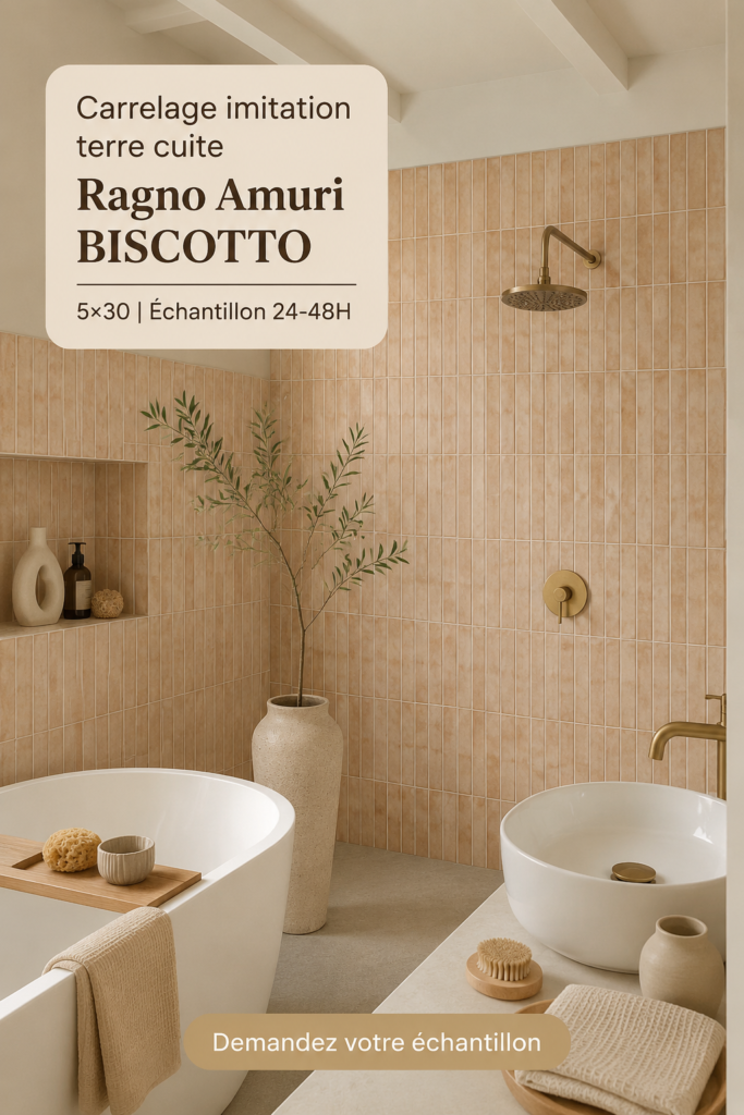 Carrelage imitation terre cuite Biscotto installé dans une salle de bain moderne.