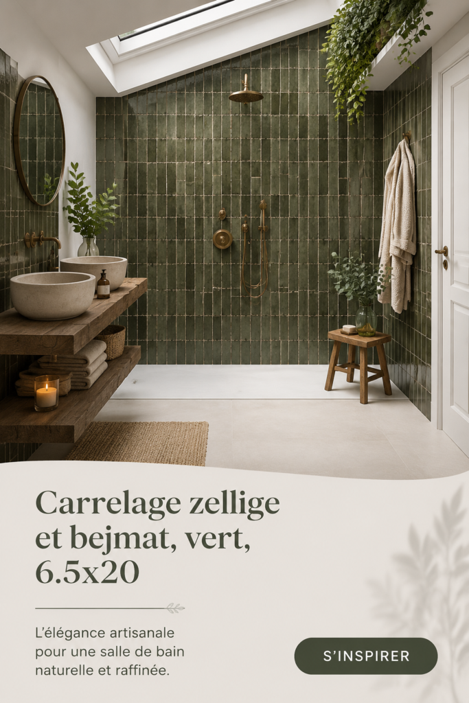 Salle de bain élégante avec carrelage zellige et bejmat vert