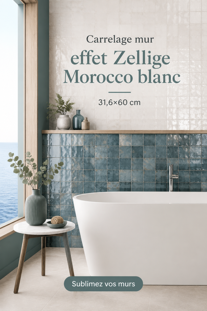 Une salle de bain élégante avec un carrelage Zellige blanc et des accessoires modernes.