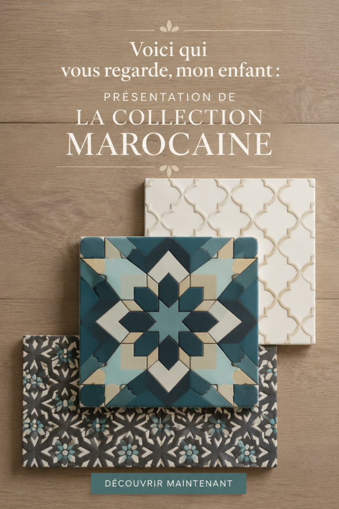 Salle de bain avec des éléments de décoration marocaine, incluant des motifs colorés et des accessoires design.
