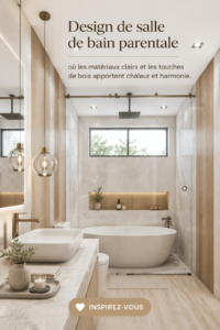 Salle de bain moderne avec des matériaux en bois et des couleurs claires, créant une ambiance chaleureuse.