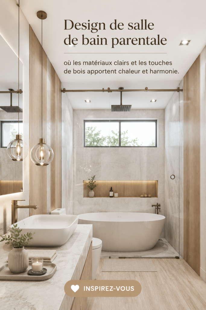 Salle de bain moderne avec des matériaux en bois et des couleurs claires, créant une ambiance chaleureuse.