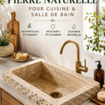Évier en pierre naturelle dans une cuisine moderne, mettant en valeur l'élégance de l'intérieur.