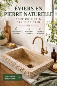 Évier en pierre naturelle dans une cuisine moderne, mettant en valeur l'élégance de l'intérieur.