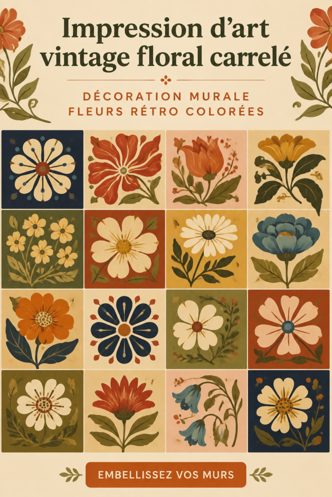 Impression artistique vintage de fleurs colorées dans une salle de bain