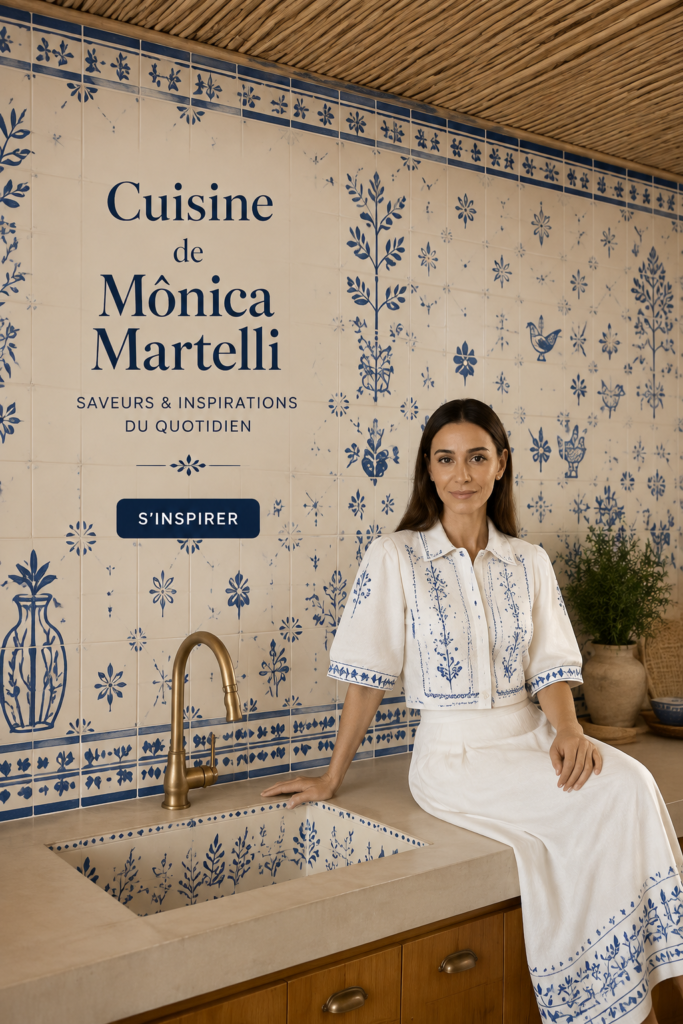 Une cuisine chaleureuse inspirée du style de Mónica Martelli, avec des couleurs douces et des matériaux naturels.