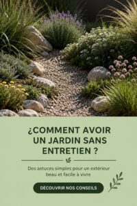 Jardin fleuri et entretenu avec peu d'effort, mettant en avant des plantes résistantes et un aménagement esthétique.