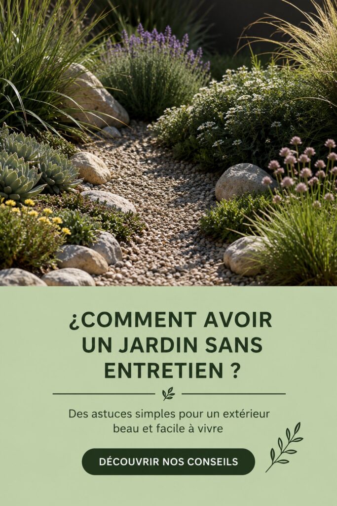 Jardin fleuri et entretenu avec peu d'effort, mettant en avant des plantes résistantes et un aménagement esthétique.