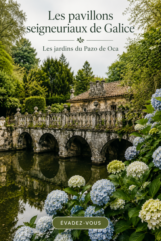 Jardins enchanteurs d'un pazo gallego avec parterres de fleurs et fontaine.
