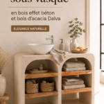 Meuble sous vasque en bois avec effet béton dans une salle de bain
