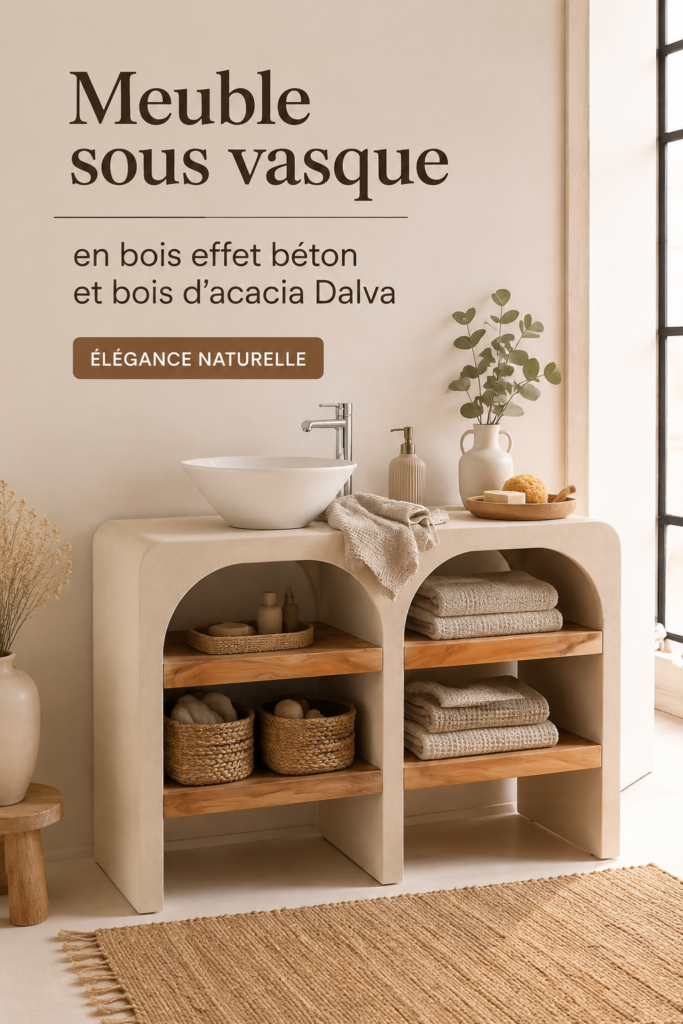 Meuble sous vasque en bois avec effet béton dans une salle de bain