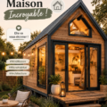 Vue extérieure d'une mini maison harmonieusement intégrée dans un paysage verdoyant.