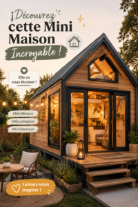 Vue extérieure d'une mini maison harmonieusement intégrée dans un paysage verdoyant.
